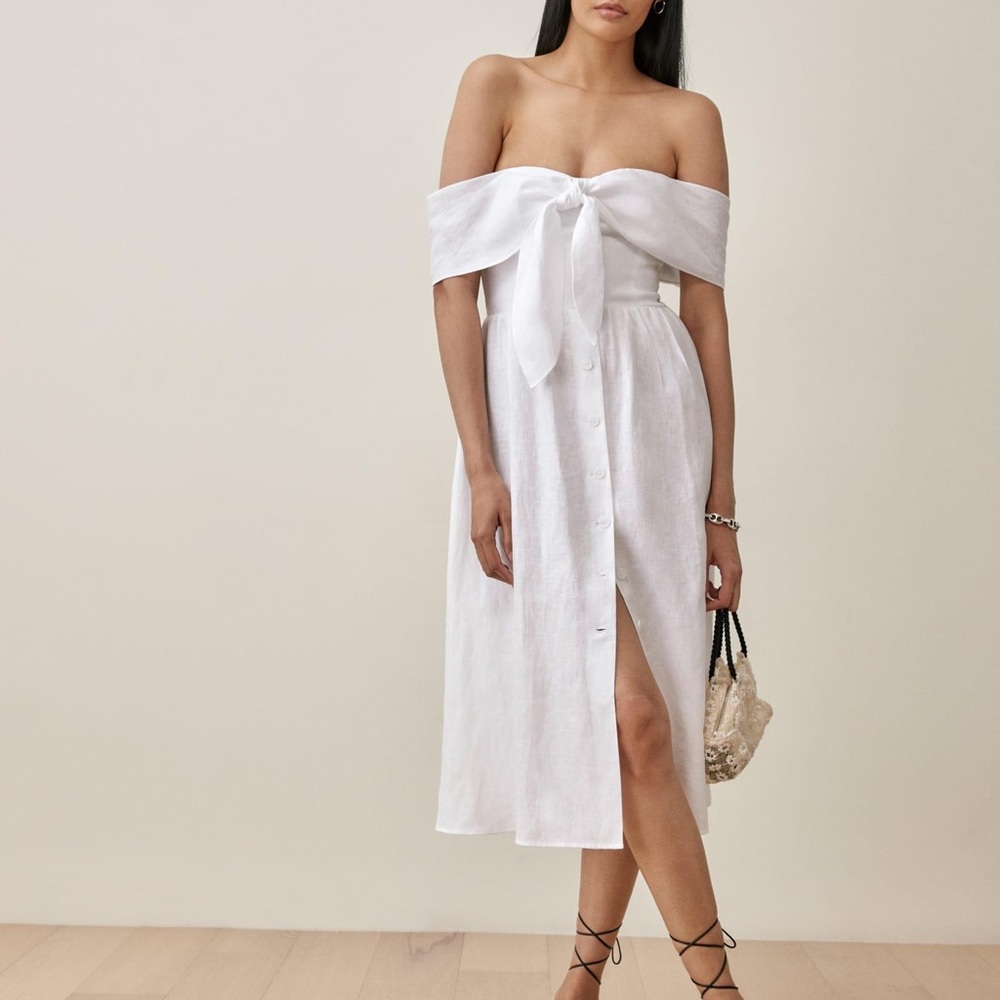 Reformation White Off-Shoulder Tie-Front Midi Dress